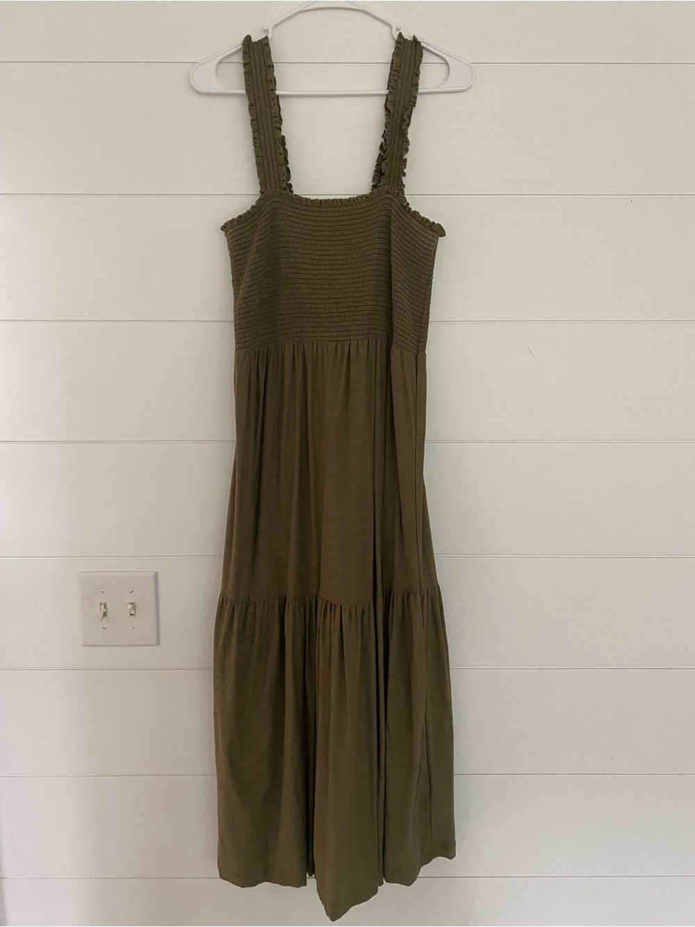 Nation LTD Olive Green Smocked Midi Dress with Ruffle Straps Anthropologie
